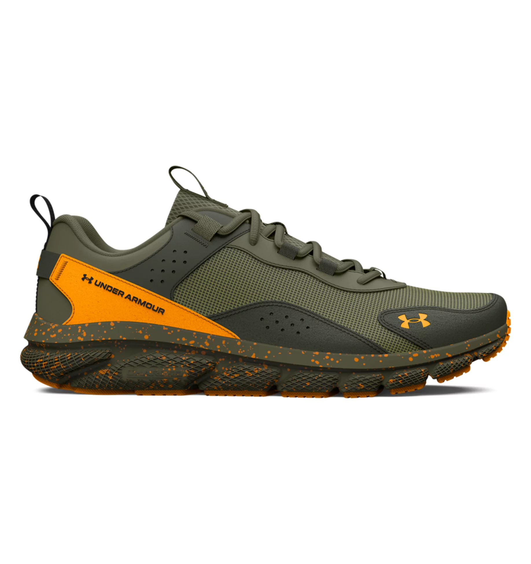 Under Armour UA Charged Verssert Speckle Running Shoes in olive green and orange with breathable upper and cushioned midsole.